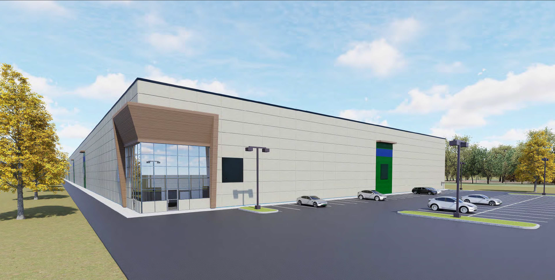 Exterior architectural render of a completed Rapid Data facility with prefabricated panel walls and parking