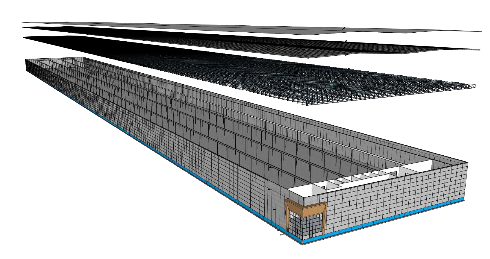 Exploded structural render of a Rapid Data building envelope with roof trusses and deck lifted clear of the cold-formed steel walls